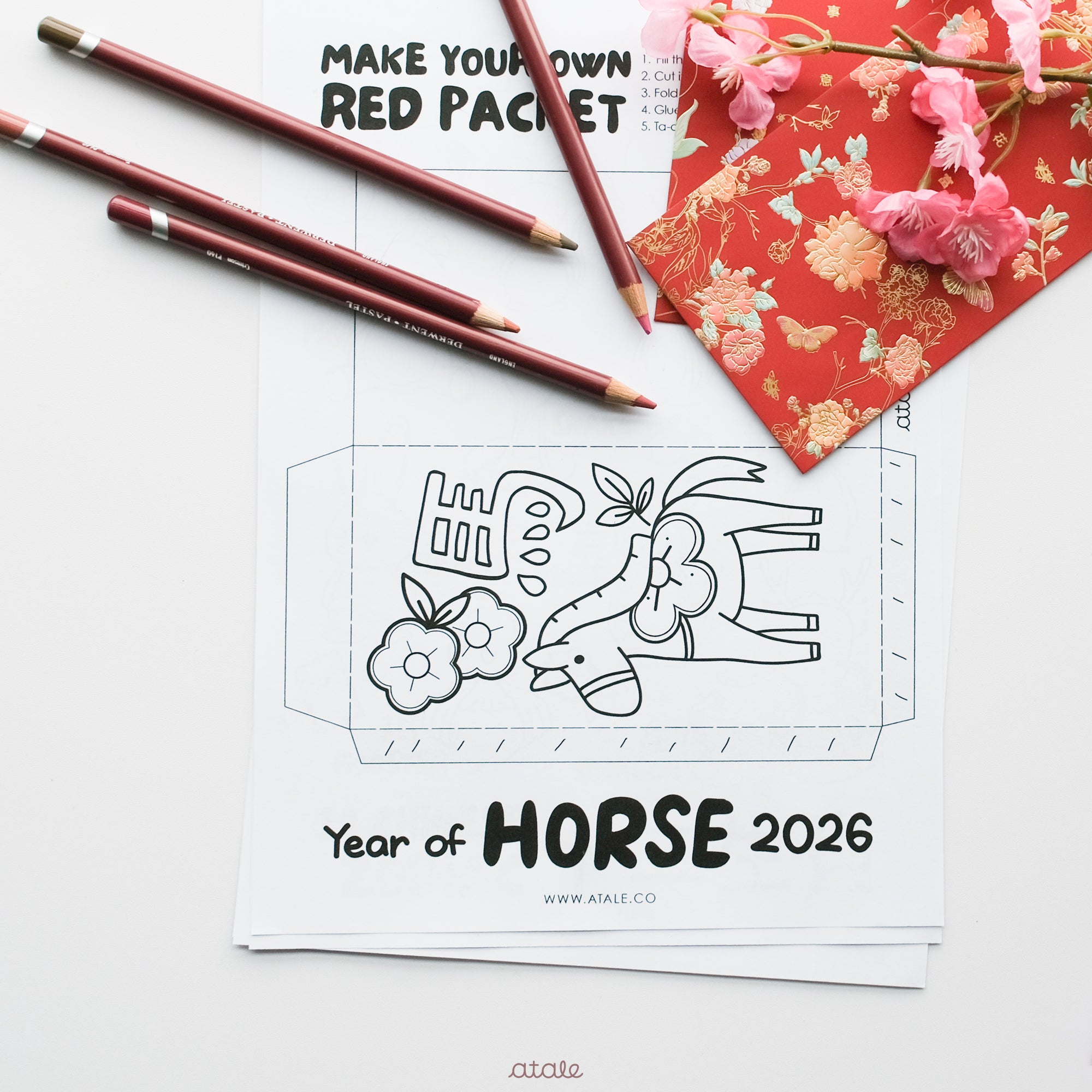 Free printable for Chinese New Year 2026 Year of Horse, consist of 3 pages of Chinese Zodiac Colouring Page, DIY Red Packet Template and Orange Hunt Maze.