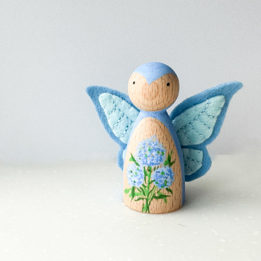 Wooden Butterfly Peg Doll with Felt Wings and Hydregea Drawing