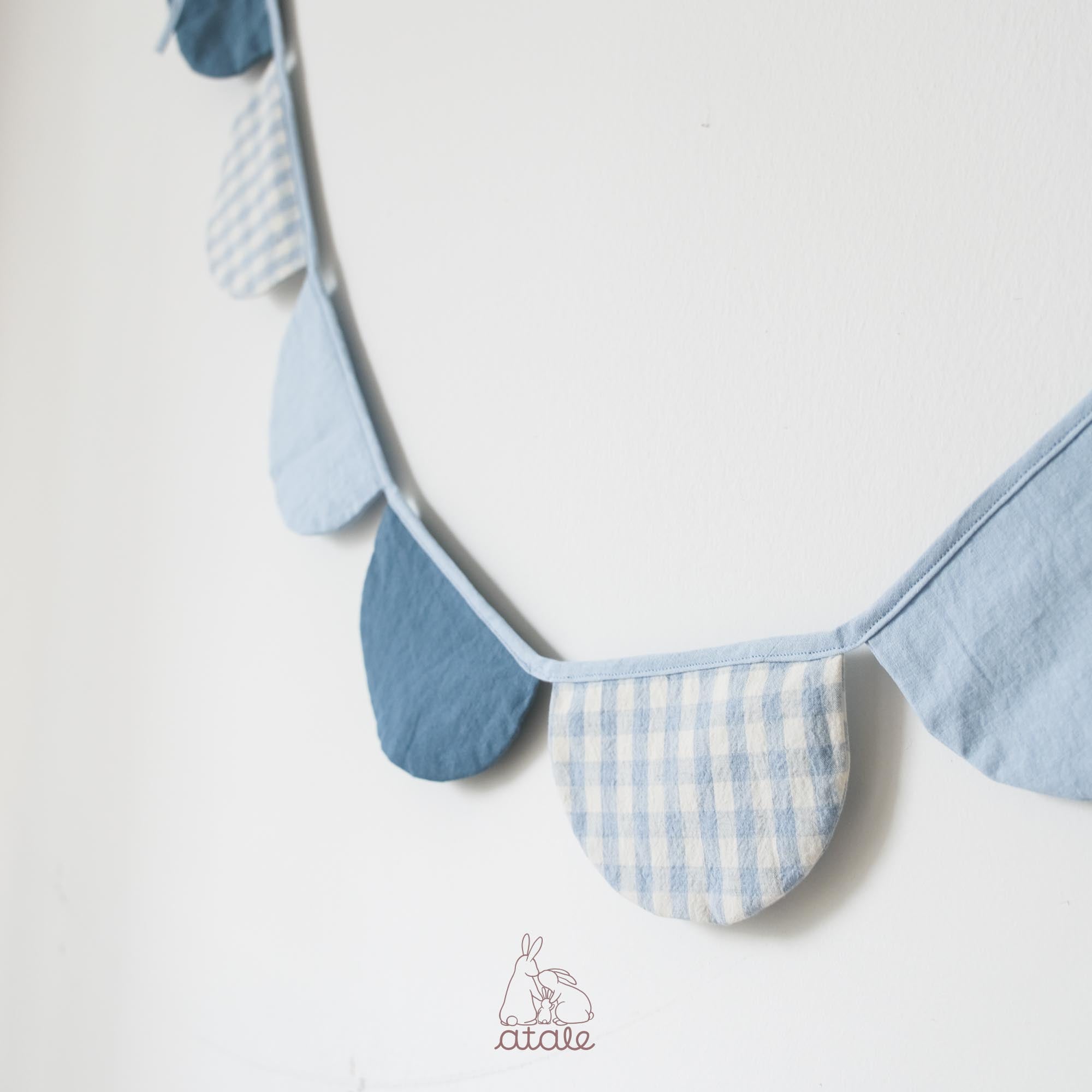 Set of blue and gingham garland made with soft cotton and linen blend fabric, sustainably made in Singapore