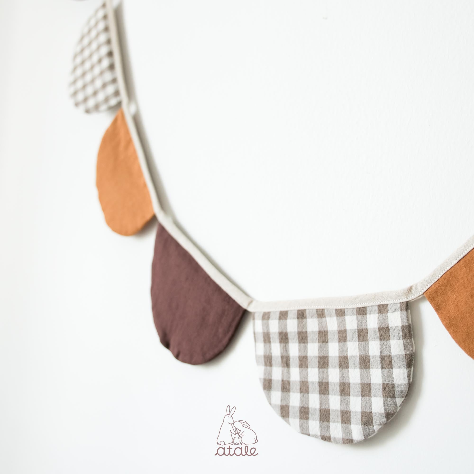 Set of natural brown and gingham garland made with soft cotton and linen blend fabric, sustainably made in Singapore