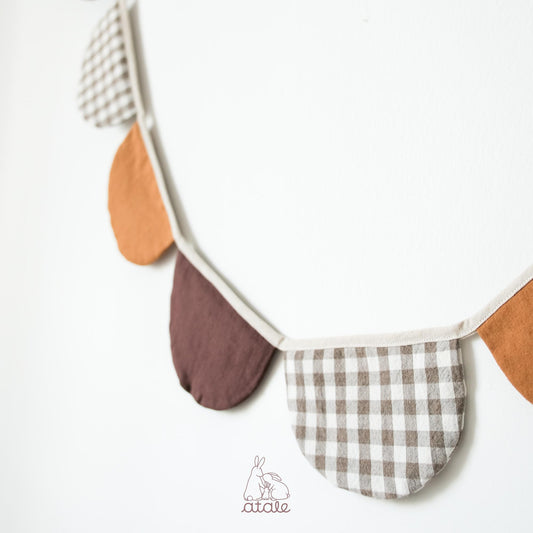 Set of natural brown and gingham garland made with soft cotton and linen blend fabric, sustainably made in Singapore