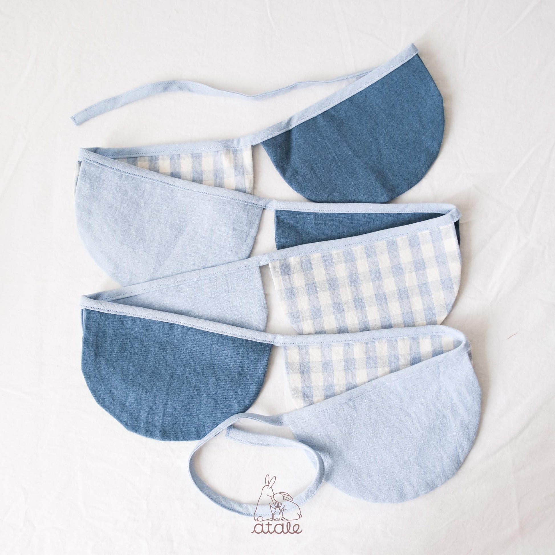 Set of blue and gingham garland made with soft cotton and linen blend fabric, sustainably made in Singapore