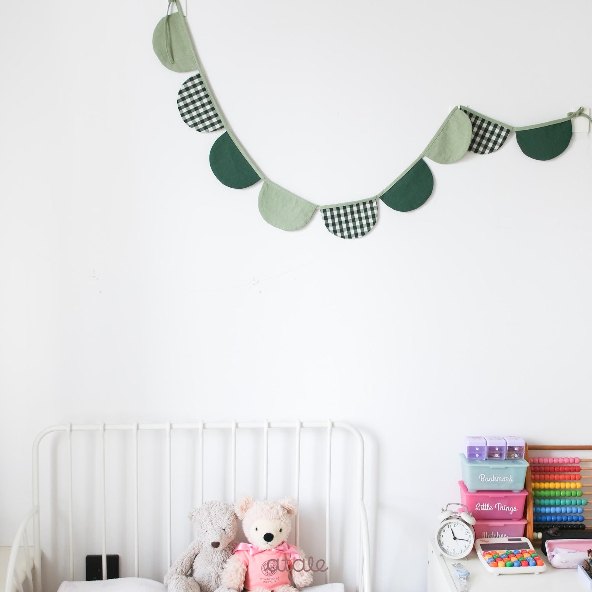 Set of green and gingham garland made with soft cotton and linen blend fabric, sustainably made in Singapore