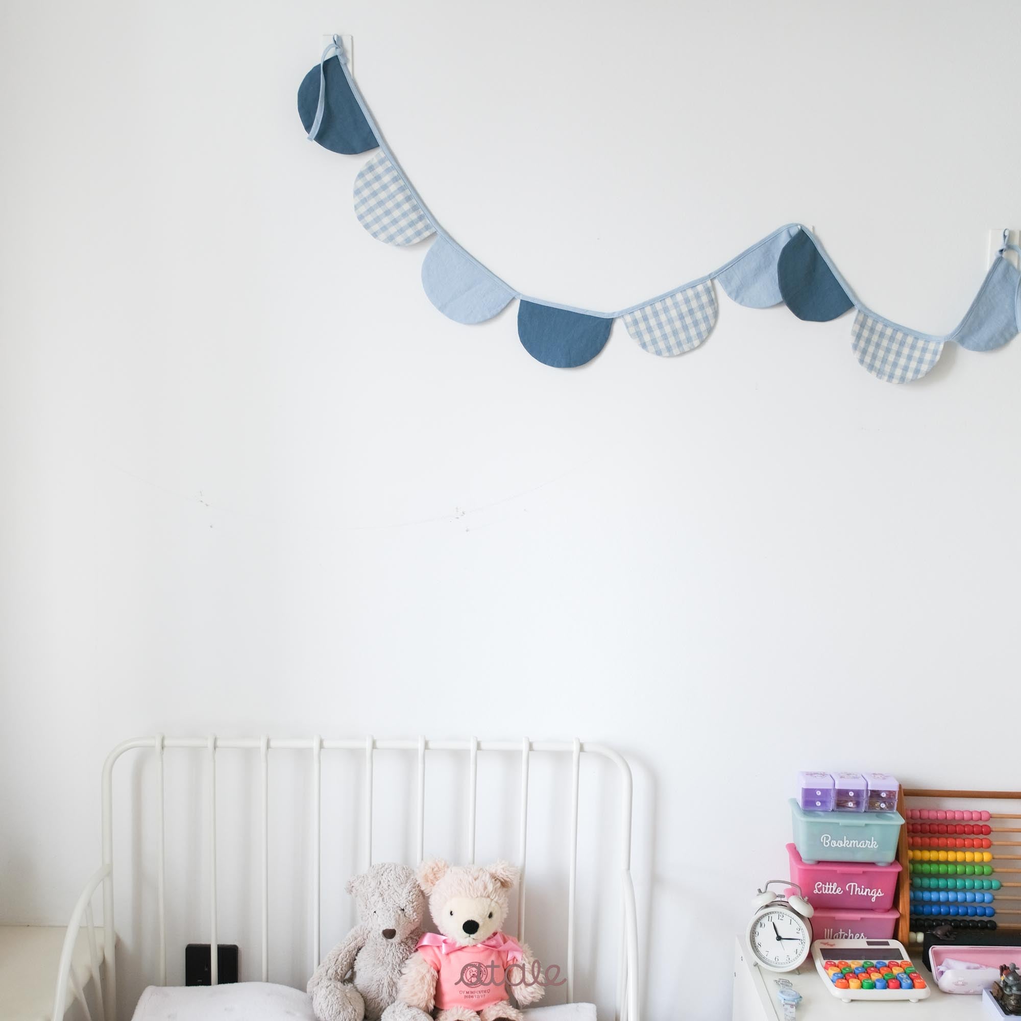 Set of blue and gingham garland made with soft cotton and linen blend fabric, sustainably made in Singapore