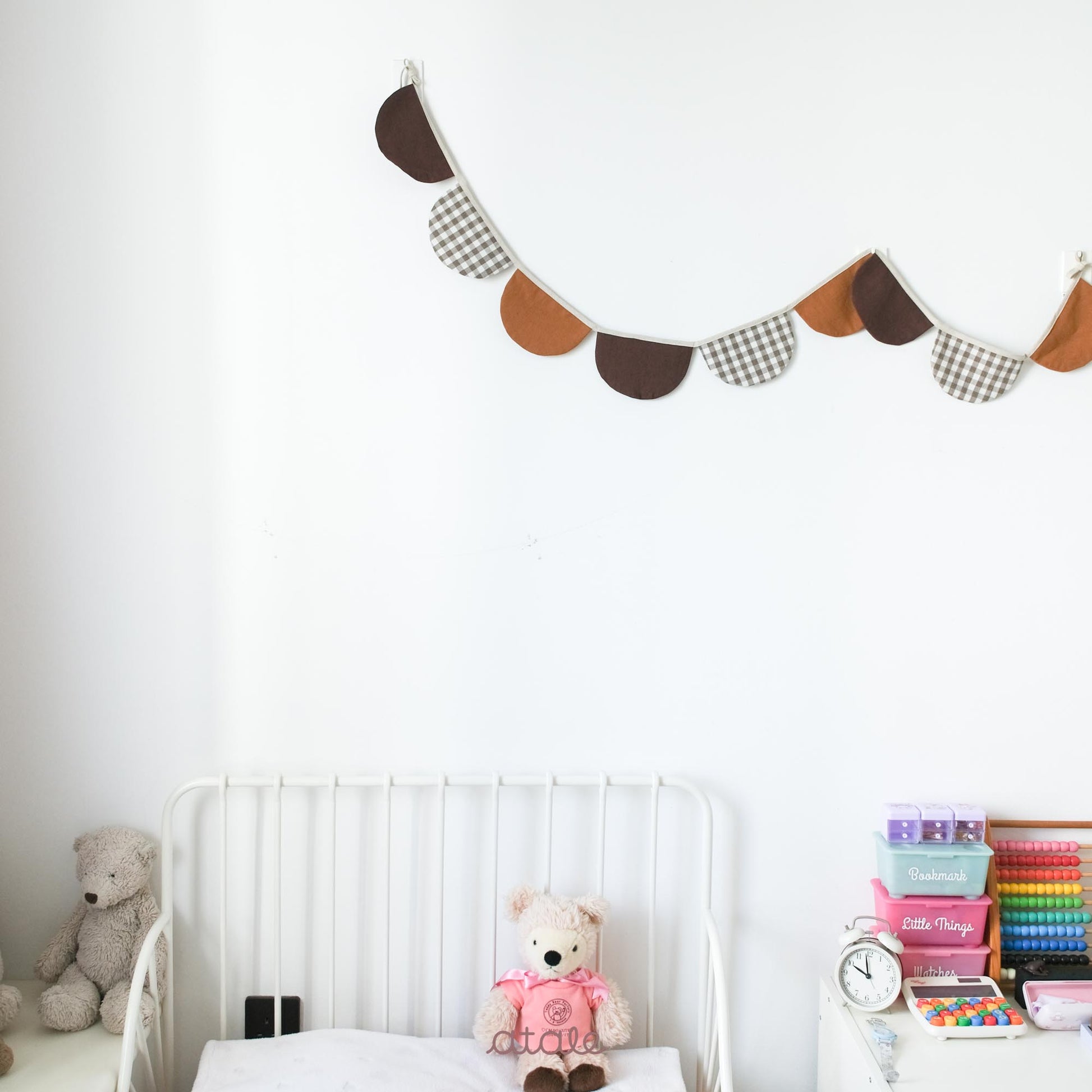 Set of natural brown and gingham garland made with soft cotton and linen blend fabric, sustainably made in Singapore