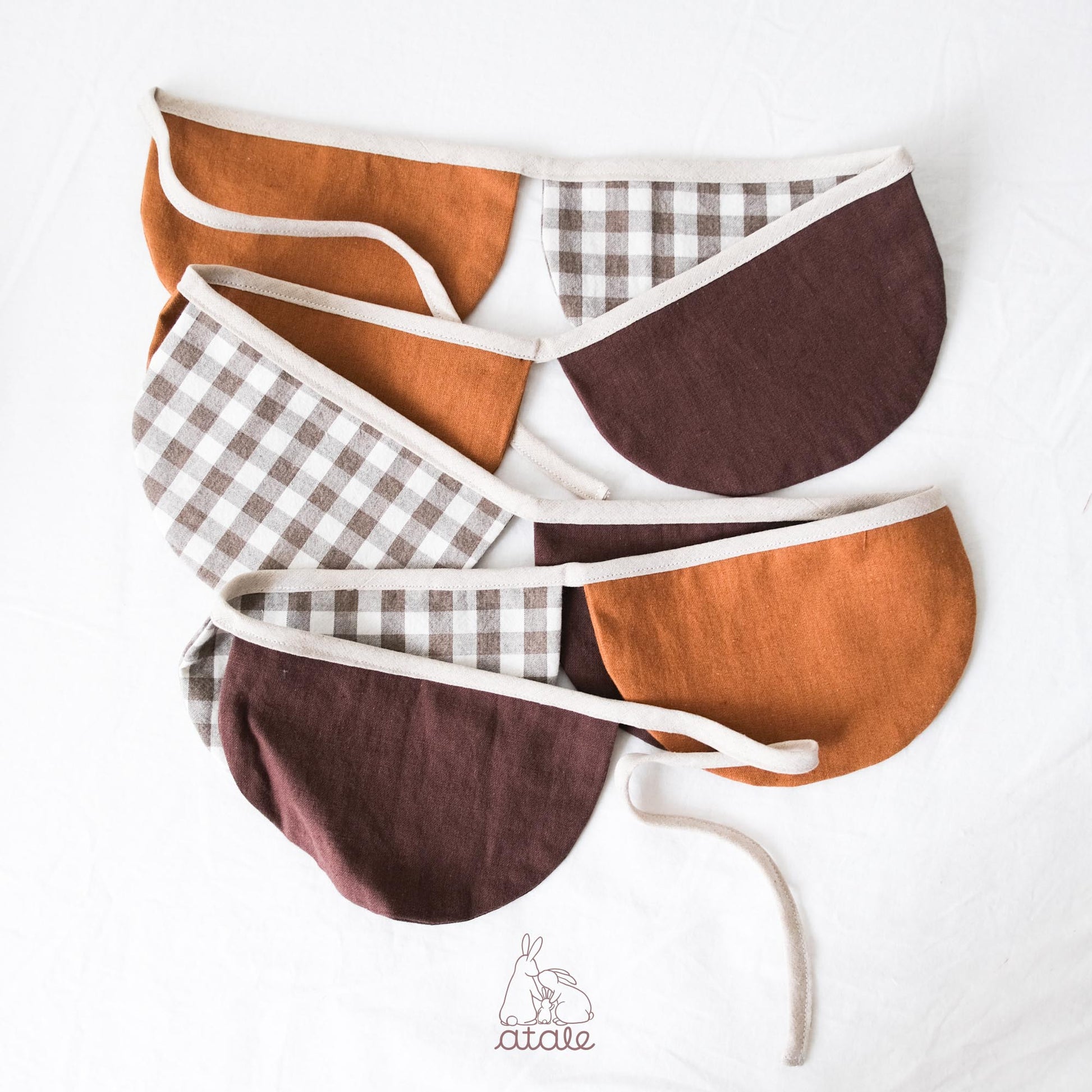 Set of natural brown and gingham garland made with soft cotton and linen blend fabric, sustainably made in Singapore