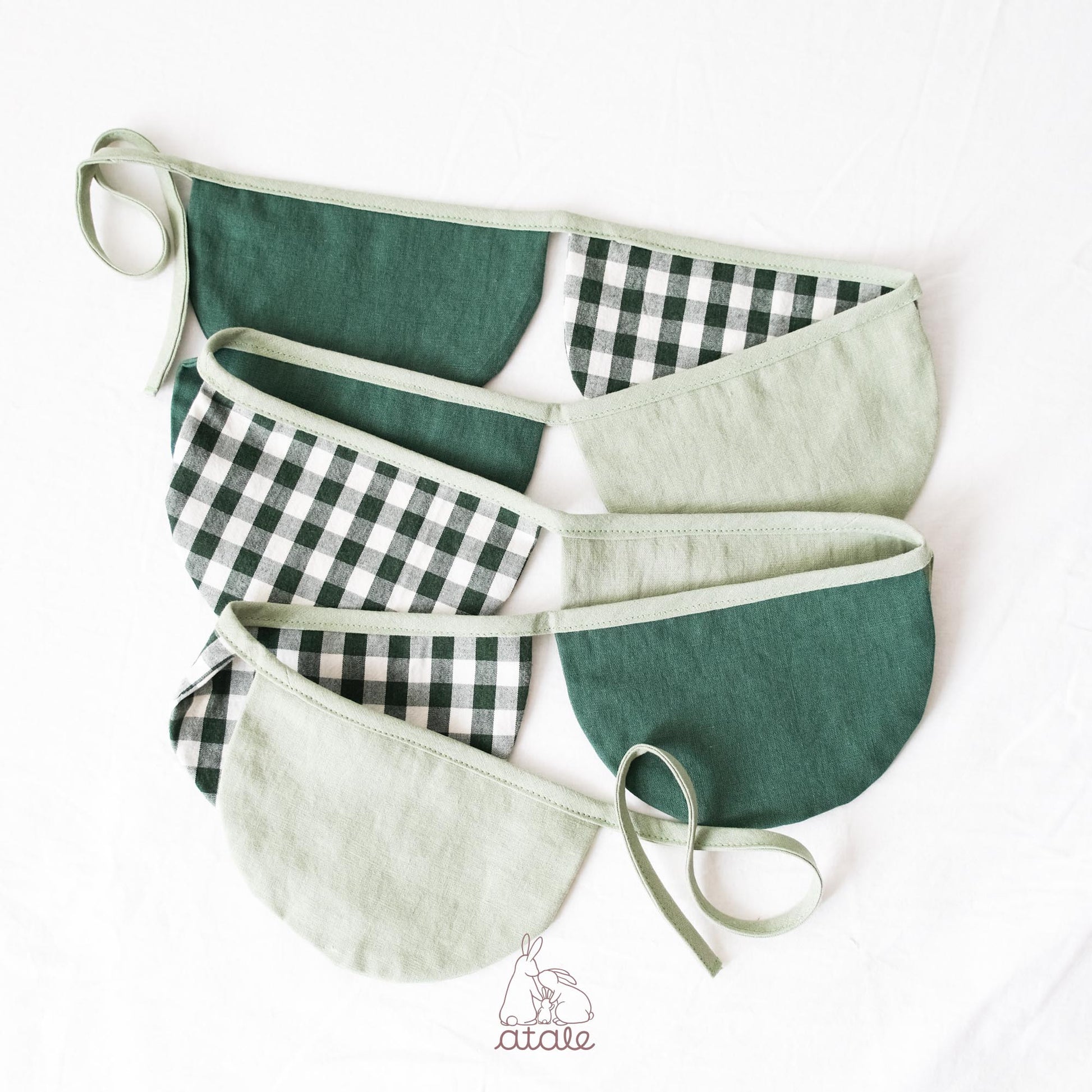 Set of green and gingham garland made with soft cotton and linen blend fabric, sustainably made in Singapore