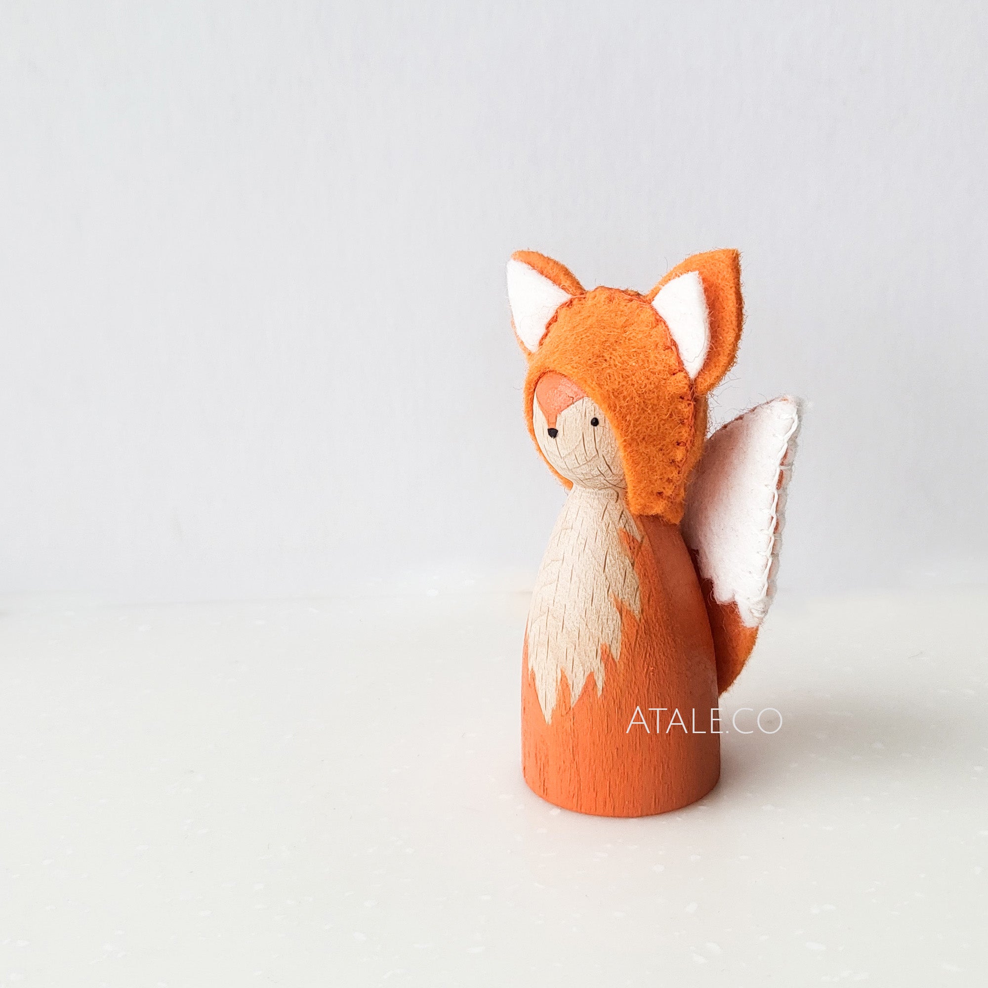 Handpainted Wooden Fox Peg Doll with Felt Ears and tail, Singapore handmade
