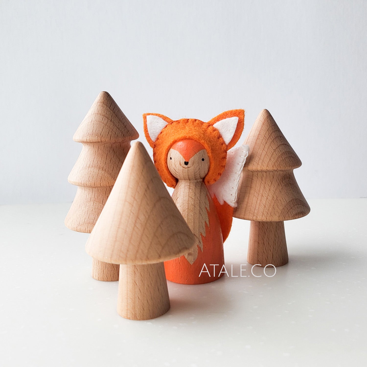 Handpainted Wooden Fox Peg Doll with Felt Ears among Trees