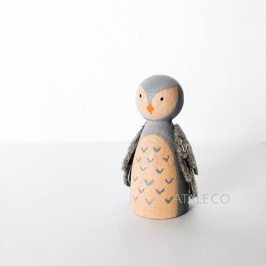 Handpainted Wooden Owl Peg Doll with Felt Wings