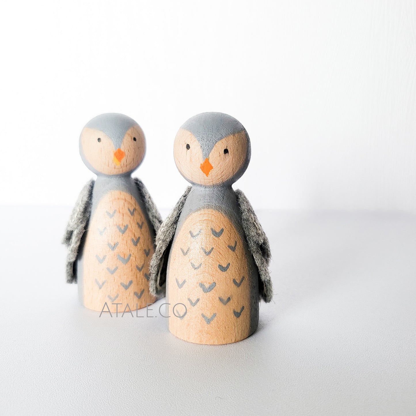 Handpainted Wooden Owl Peg Doll with Felt Wings