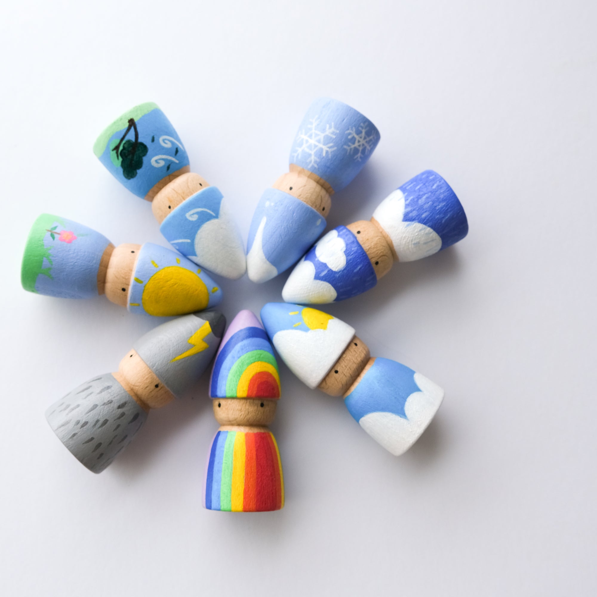 Set of 7 Wooden Painted Weather Peg Dolls