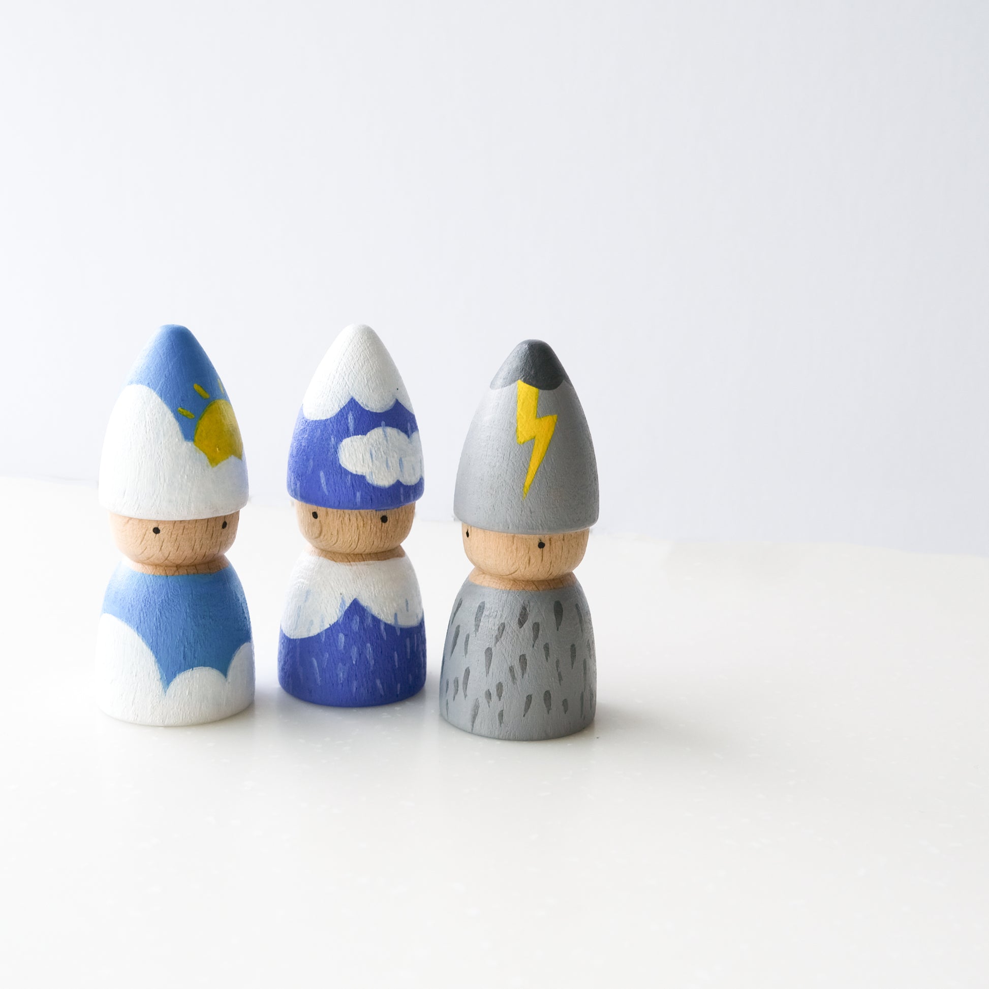 Wooden Weather Peg Dolls of Cloudy, Rain and Thunder