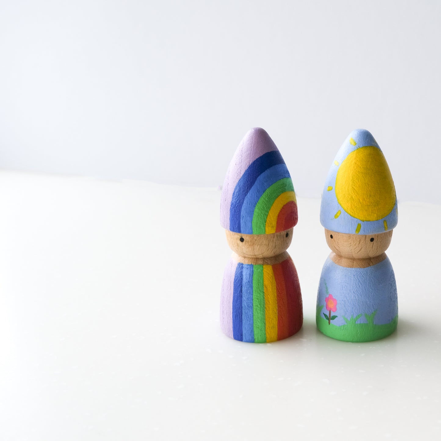 Wooden Weather Peg Dolls of Rainbow and Sunny